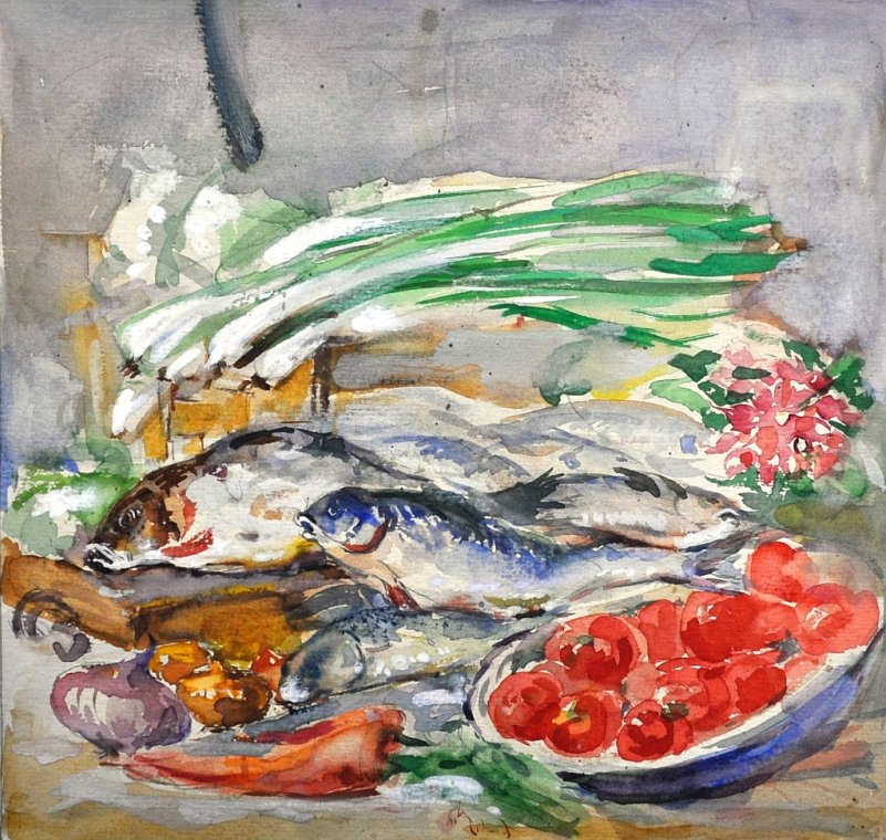 Акварельний натюрморт з овочами та рибою