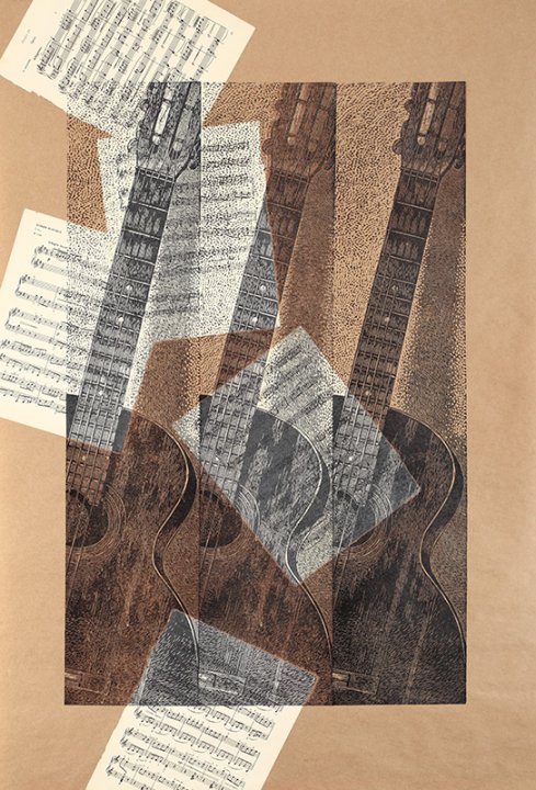 Картина, натюрморт, линогравюра: "Guitar, Guitar. Guitar..." (Из серии: Магия простых вещей)