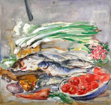 Акварельний натюрморт з овочами та рибою